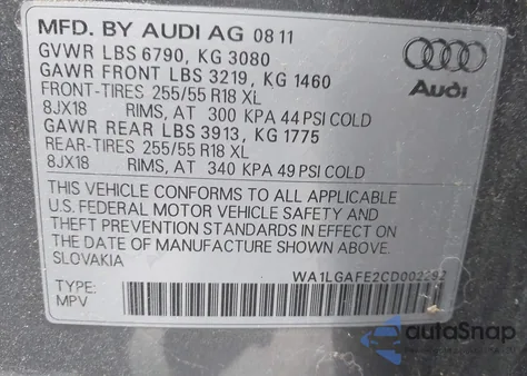 2012 Audi Q7 3.0T Premium from USA, damaged, VIN WA1LGAFE2CD002292